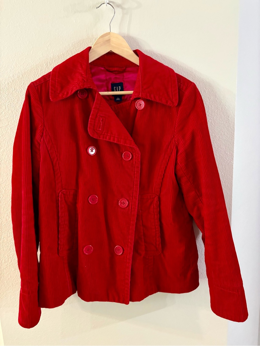 Vintage GAP Red Corduroy Double-Breasted Pea Coat Jacket large